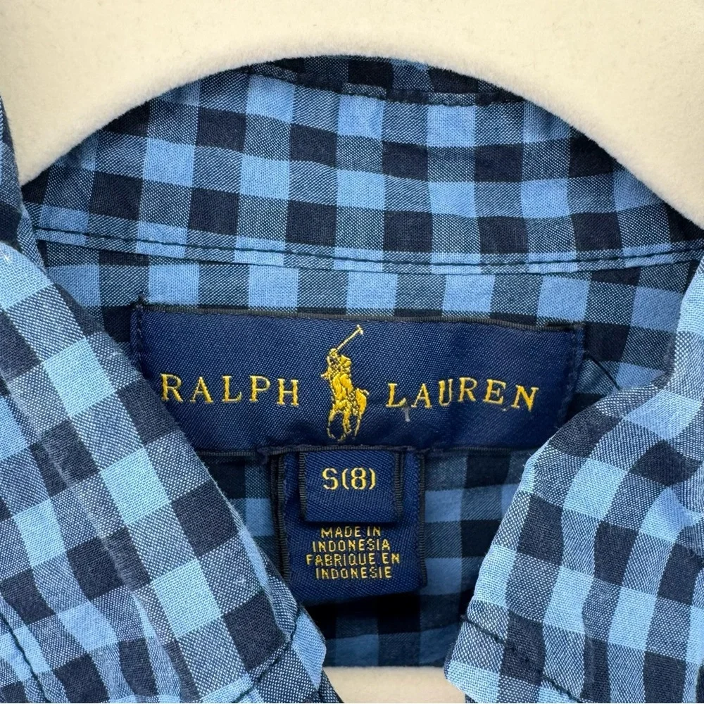 POLO Ralph Lauren Boys Blue Checked Long Sleeve Button Up Shirt Small 8 Preppy